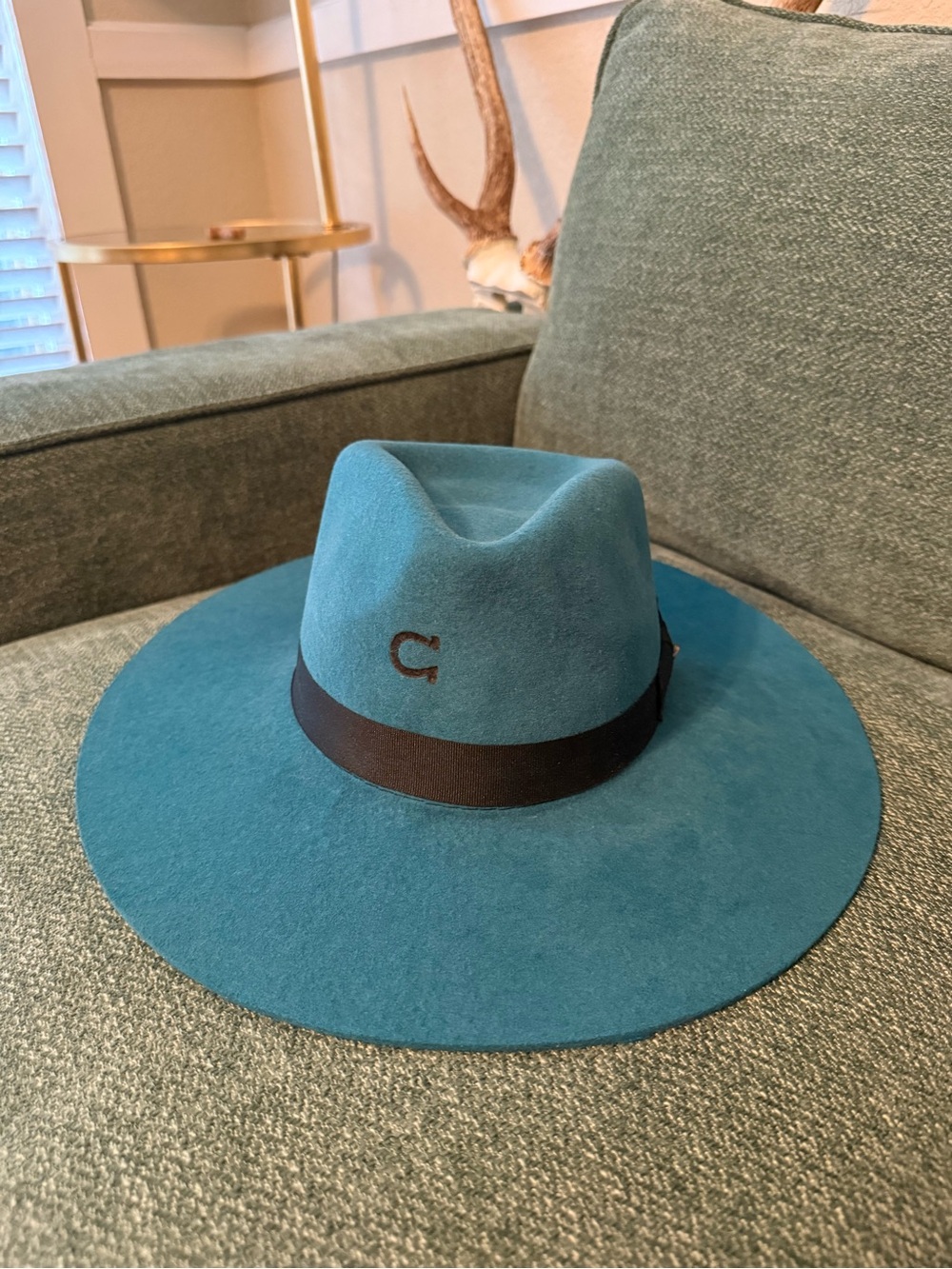 Teal Wide-Brim Fedora Hat with Black Band